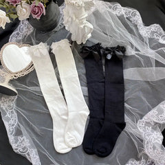 Lbsfy Lolita Girls Sweet Long Socks Stockings JK Japanese Style Lace Bow Knee Socks Stockings Women Solid Black White Knee High Socks