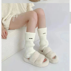 Lbsfy Leg Warmers Woman Autumn and Winter Knit Thick Warm Girls Lolita Socks Metal nameplate White Black Loose Leg Warmers