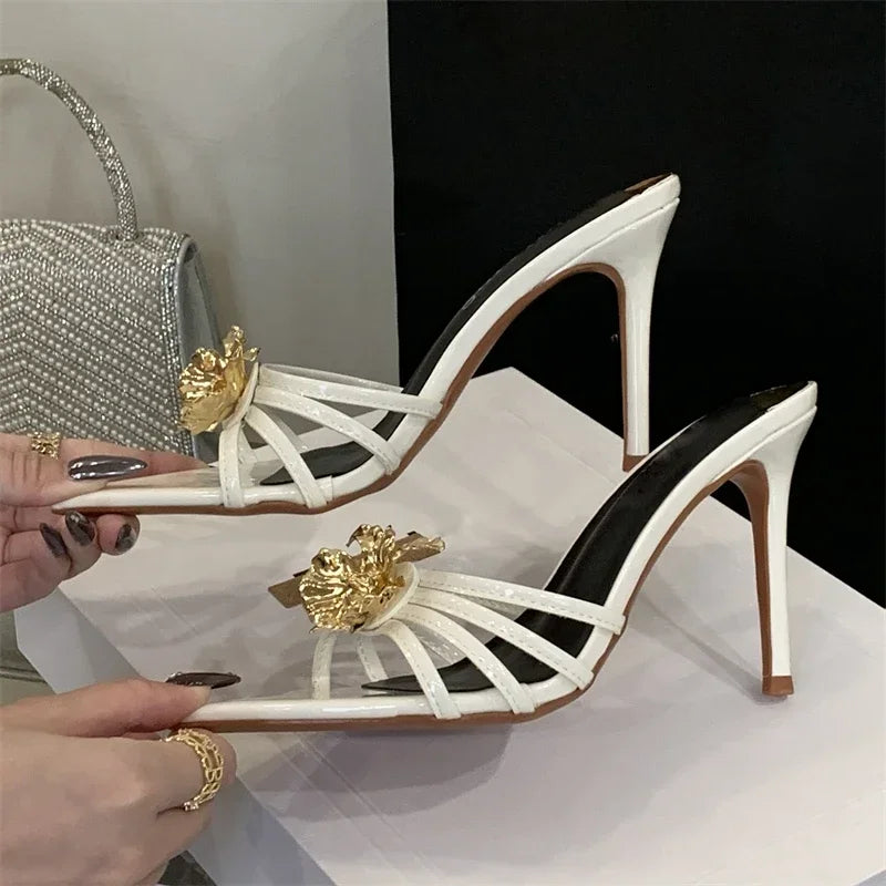 LBSFY -Summer Design Metal Flower Narrow Band Pointed Toe Women Slippers Thin Heels Party Prom Slide Shoes Zapatillas De Mujer