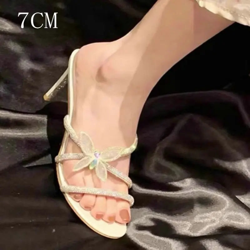 LBSFY  -  Butterfly Rhinodiamond Slippers 2024 Summer New Wear Thin Heel Sandals Sexy Sweet High Heel Sandals Elegant Slides
