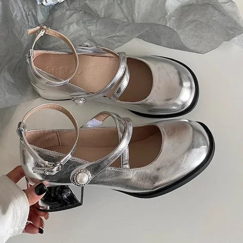 LBSFY -Ladies' Elegant  2025 Spring Style Women's Fashion One Line Buckle with Shallow Mouth Silver Mary Jane Single Shoes Square Heels