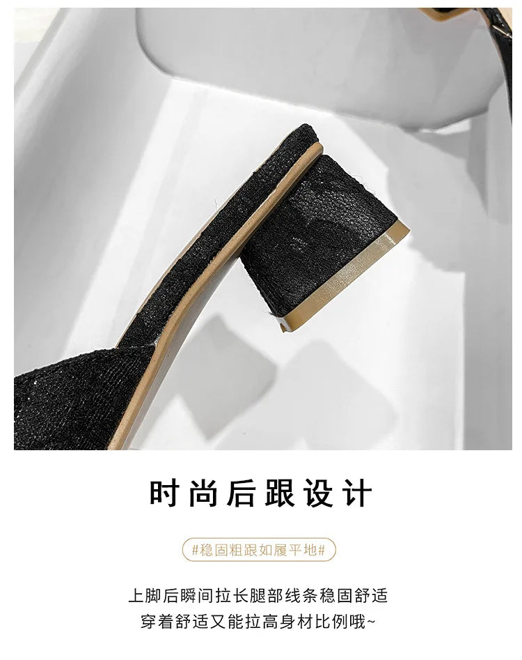 LBSFY -Pearl Half Slippers Women Shoe Autumn Rhinestone Chunky Mid Heel Slipper Sandals Fashion Muller Casual Versatile Single Shoes
