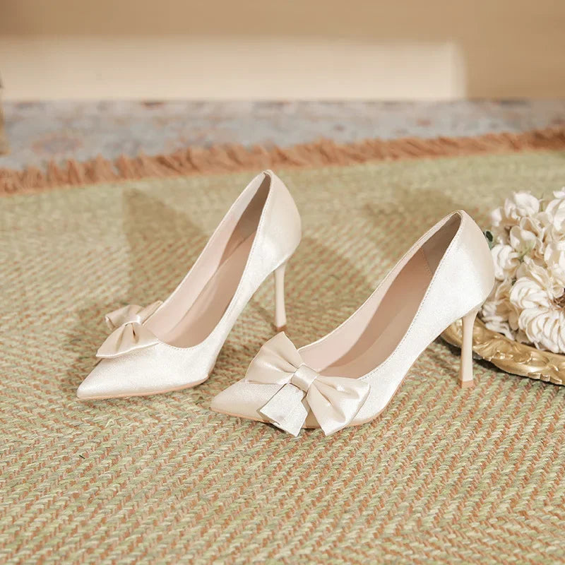 LBSFY  -  Size 30-44 Beige Bow High Heels Women Stiletto Heel Pointed Toe White Wedding Shoes Bow Point Toe Pumps