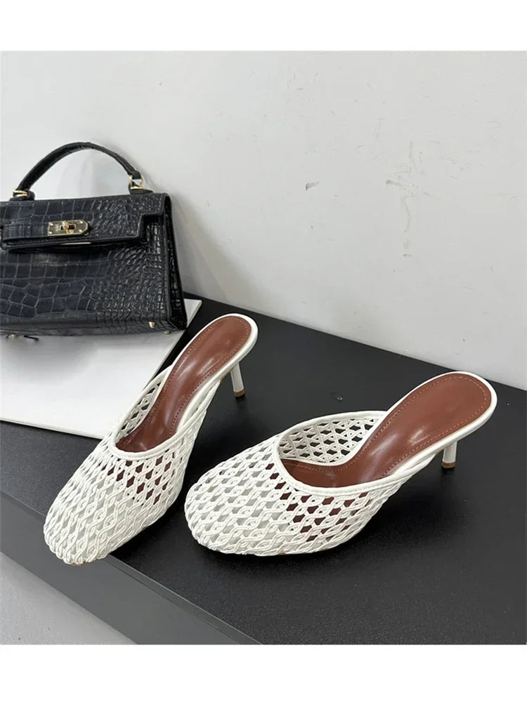 LBSFY -Summer Hollow Out Breathable Mesh Weaving Women Slippers Fashion Thin Heels Party Dress Mule Shoes Large Size 43