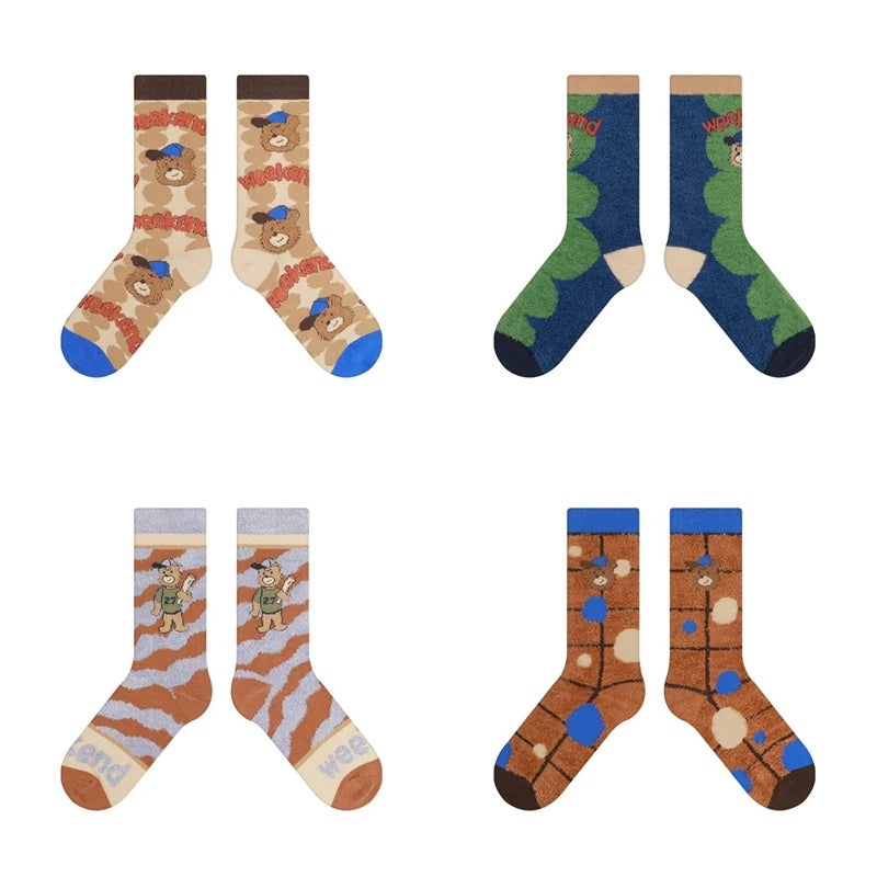 Lbsfy Winter Warm Women's Socks Cute Bear Cartoon Velvet Floor Socks for Women Soft Home Indoor Funky Sock Comfortable High Quality