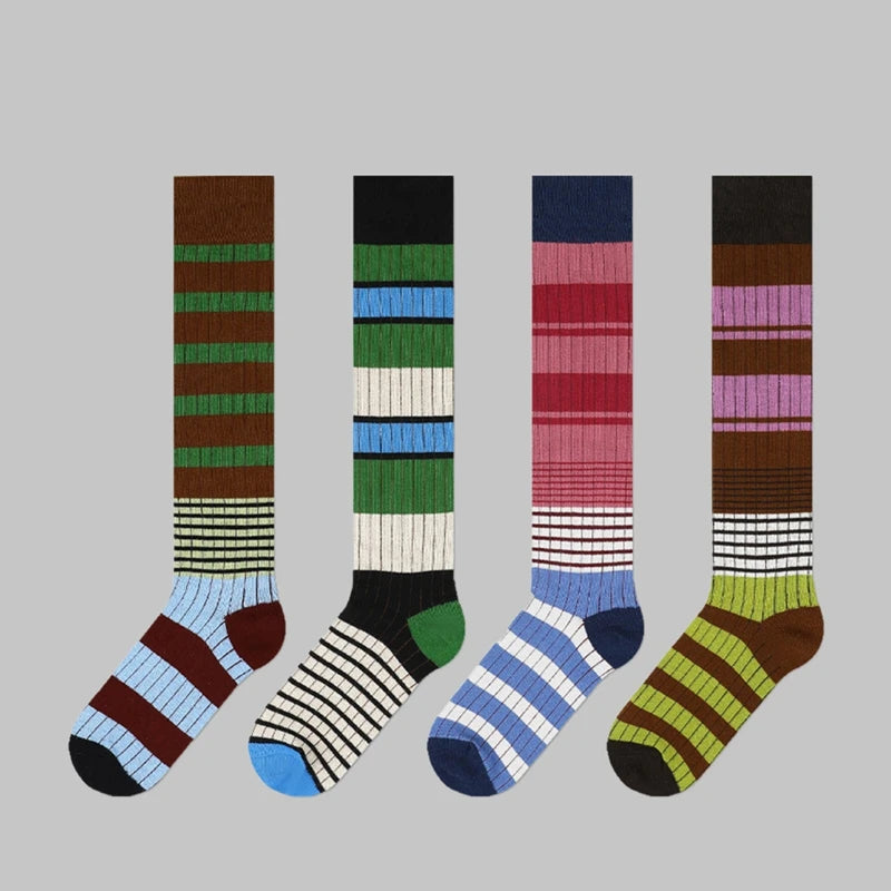 Lbsfy Women Winter Knee-high Stockings Fashion Colorful Stripes Long Sock Female Sports Cotton Stocking Japanese Student Socks Woman
