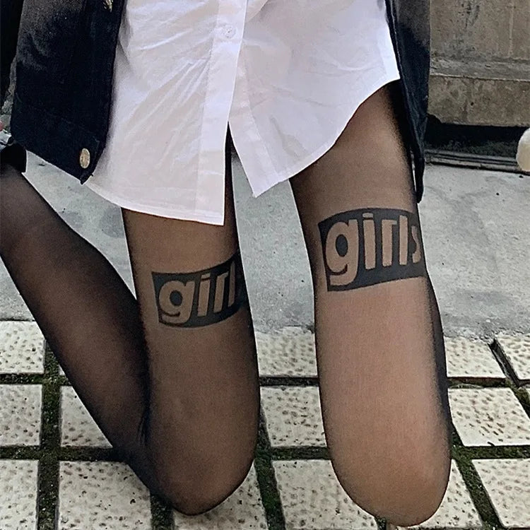 Lbsfy Women Japanese Letter Stockings Nightclub Party Accessories JK Sexy Diamonds Fishnet Underwear Pantyhose Printed Designer Tights