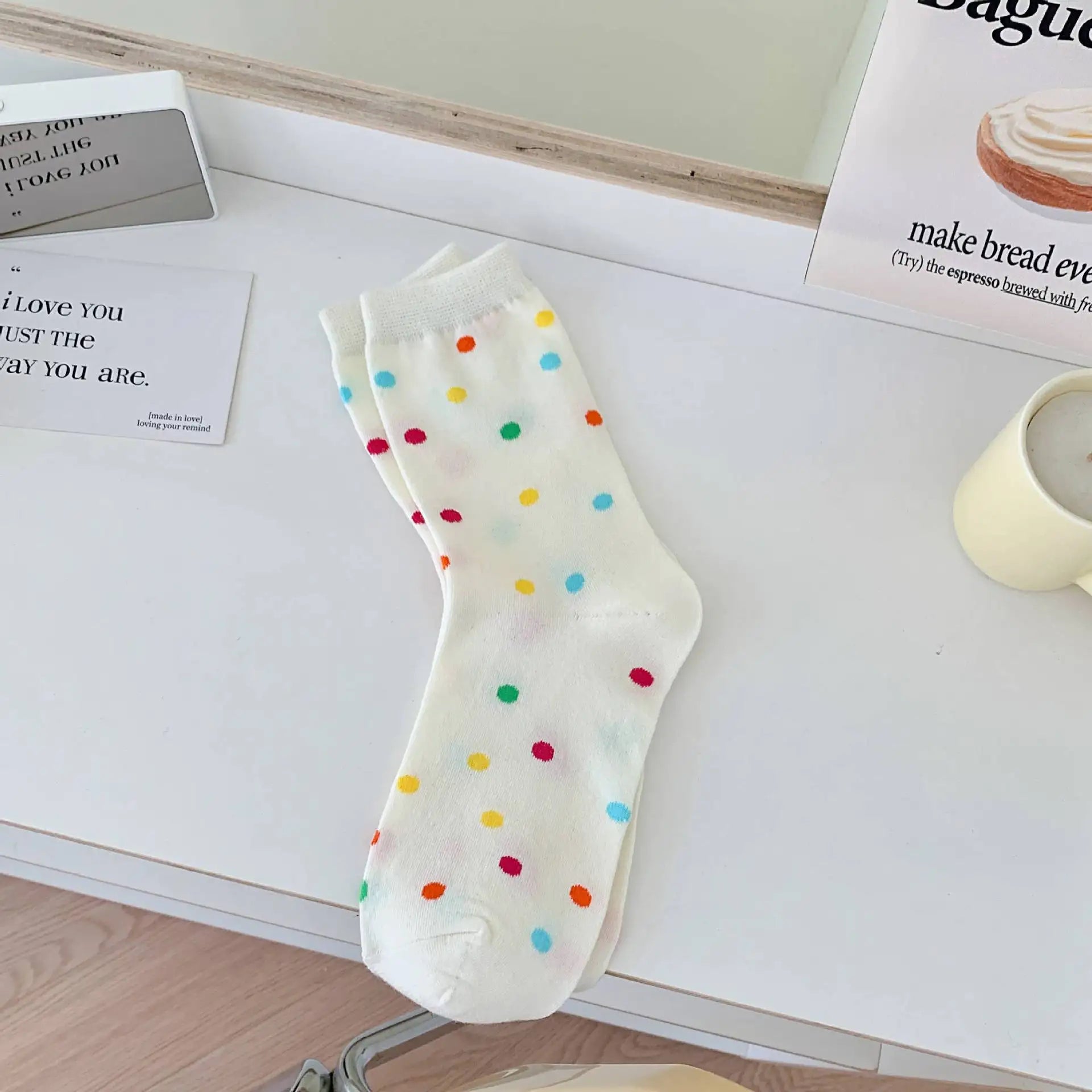 Lbsfy Women Socks Cotton Spring Autumn Female Polka Dot Striped Girls Gift White Sweet Style Simple Lovely Cute Kawaii Mid-tube Socks