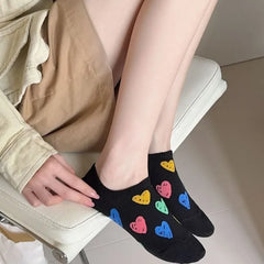 Lbsfy Spring Summer Socks Women's Combed Cotton Sweat Style Leisure Low Cut Love Print Invisible Socks Girls Gift Korean Street Sox