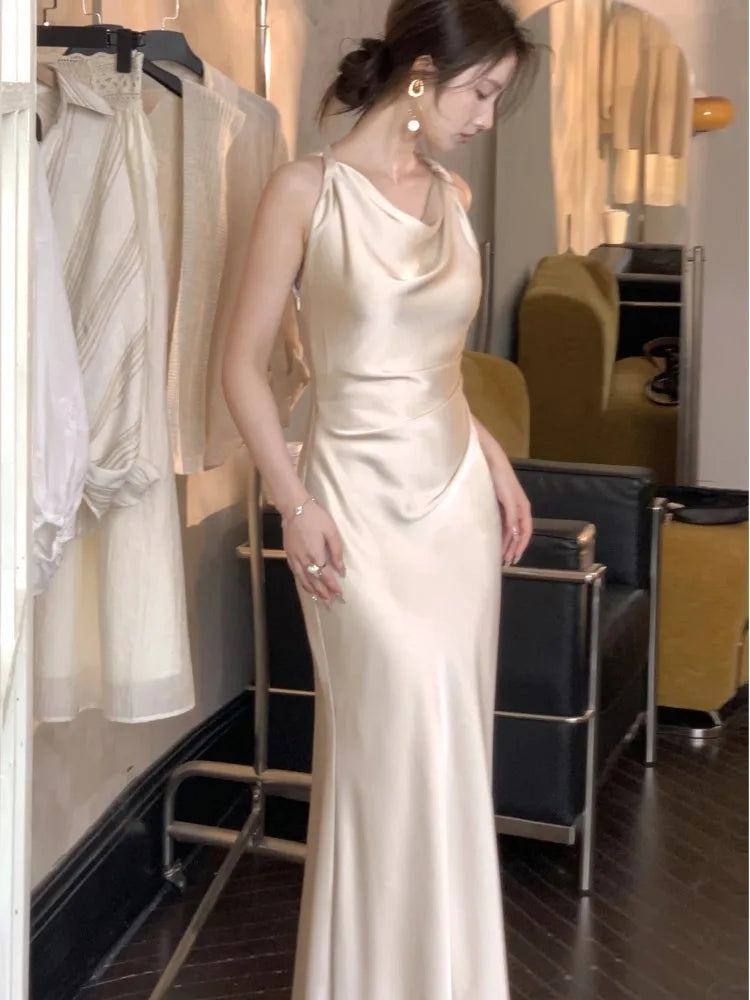 LBSFY -Women's Summer Party Elegant French Dresses Sexy Satin Swing-Collar Slim Bodycon Evening Mermaid Dress Chic Prom Female Clothes