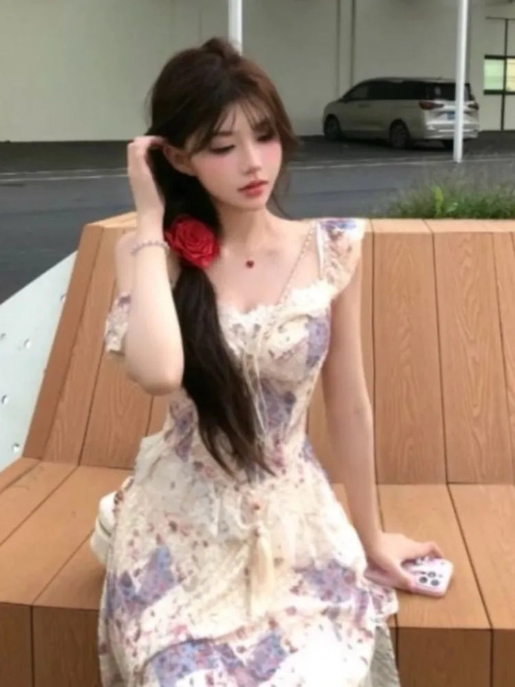 LBSFY -Chic Elegant Print Patchwork Women's Dresses Summer Ruffles Mesh Square-Collar Lace Up Flying Sleeves Dress Holiday Casual New