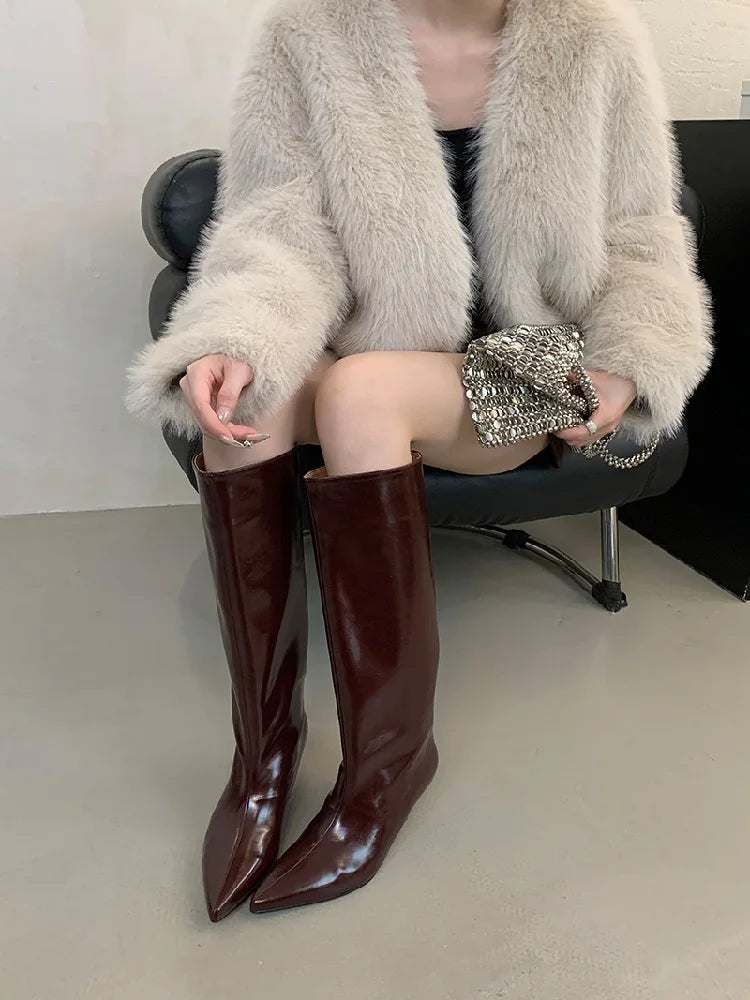 LBSFY -Winter New Fashion Knee-High Boots Women Pointed Toe Elegant Thin Low Heel Casual Ladies Pumps Shoes Long Botas Mujer