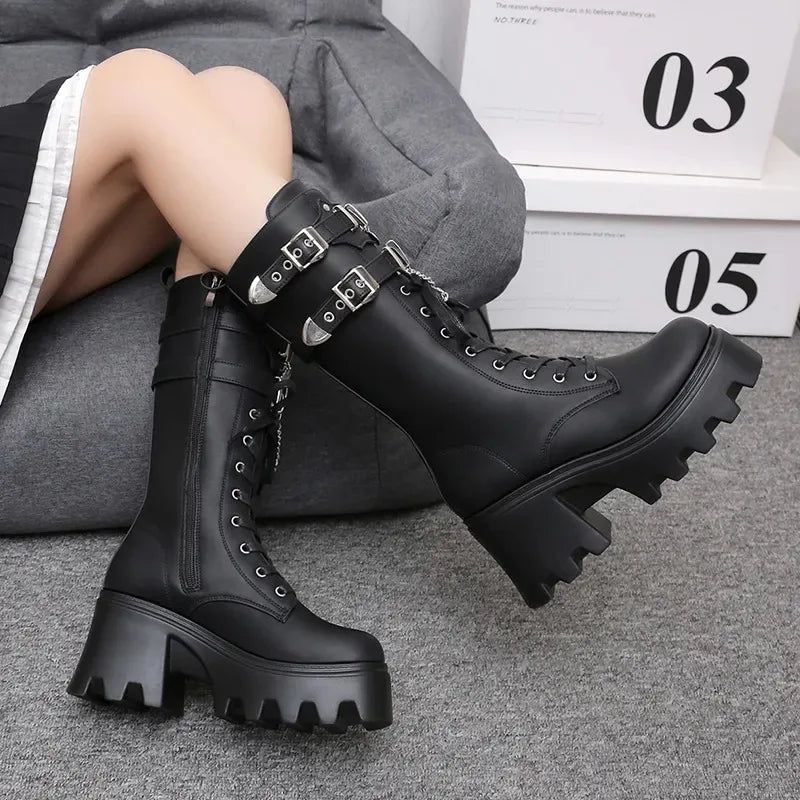 LBSFY -Women's Punk Gothic Boots 2025 Fashion Buckle Chain High Heels Mid Calf Boots Women Black Pu Leather Plus Size 42 Autumn Botas