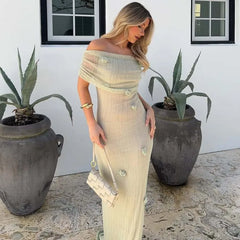 LBSFY -Women's New Vacation Style Strapless Long Dress 3D Flower Fashion Chic Beach Dresssolid Color Knitting Party Summer Dress