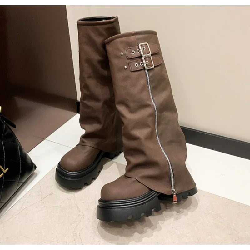 LBSFY -Designer Thick Soled Boots Western Knight Boots Long Tube Boots for Women in Autumn and Winter, Knee Length Slim High Tube Boot