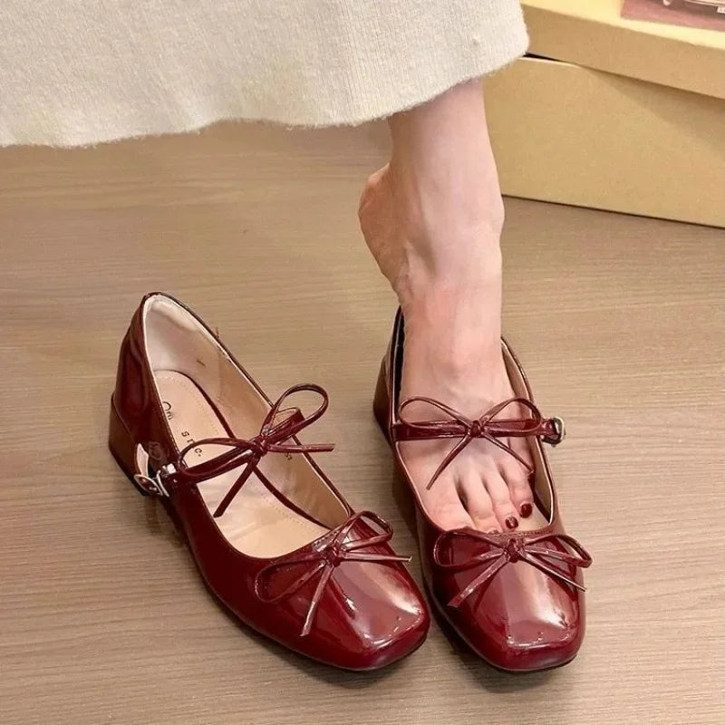 LBSFY -French Butterfly Knot Silver Slip-On Women's Shoes Retro Fairy Ballet Thick Heel Mary Jane Small Leather Shoes Spring Autumn