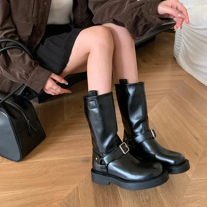 LBSFY  -   Mid Calf Boots Women Round Toe Black Pu Leather Buckle Block Heel Biker Shoes Wide Calf