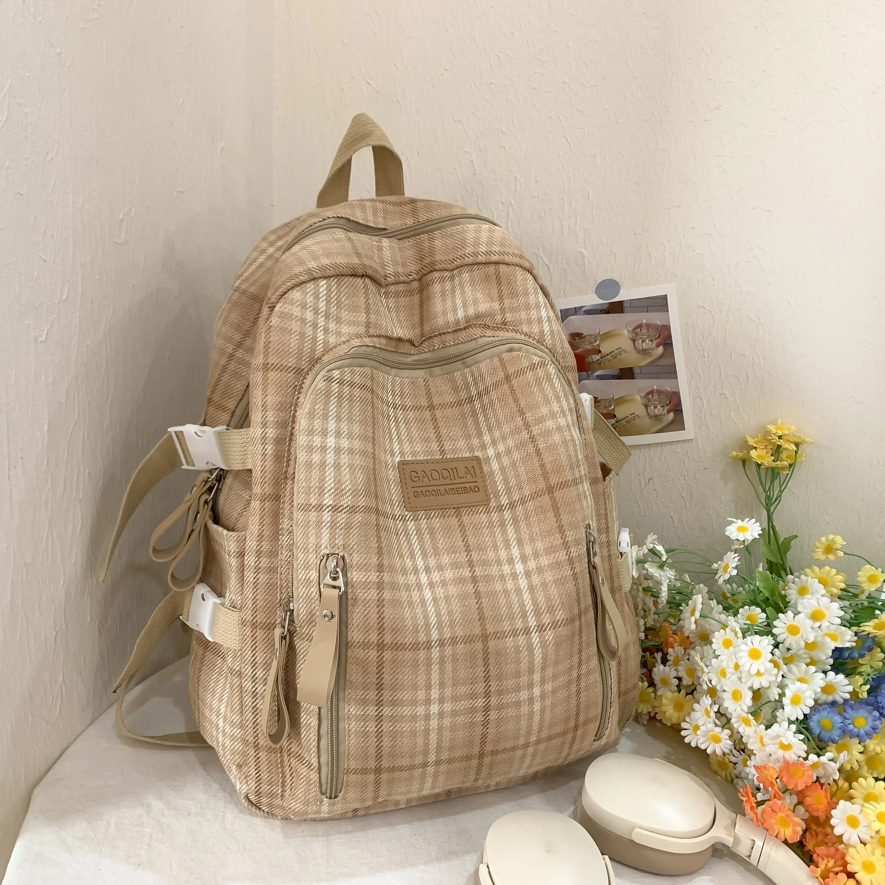 LBSFY -Casual Backpack, Trendy Brand Cotton and Linen Checkered Design School Bag, Good-Looking, Large-Capacity Lightweight Backpack for Junior High School and College Students