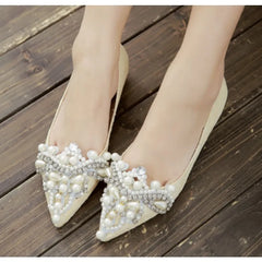 LBSFY -New Crown Pearl soft Flats Wedding Shoes Pointed Toe Women Dress Moccasins Low Pearl Heel Ladies Fashion Luxury plus size 43