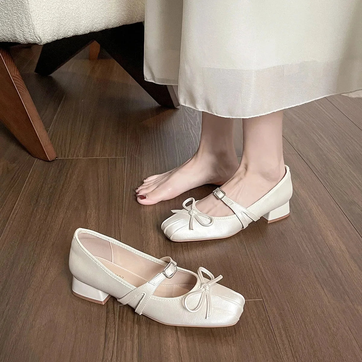 LBSFY -French Style Mary Jane Shoes Women's Evening Wind Butterfly Knot One Strap Ballet Flat Mid Heel Leather Casual Shoes