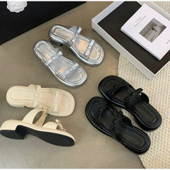 LBSFY -New Summer Women's Slippers 2025 Stylish Peep-toe Low Heel Silver Women's Comfortable Beach Shoes Sapatilas