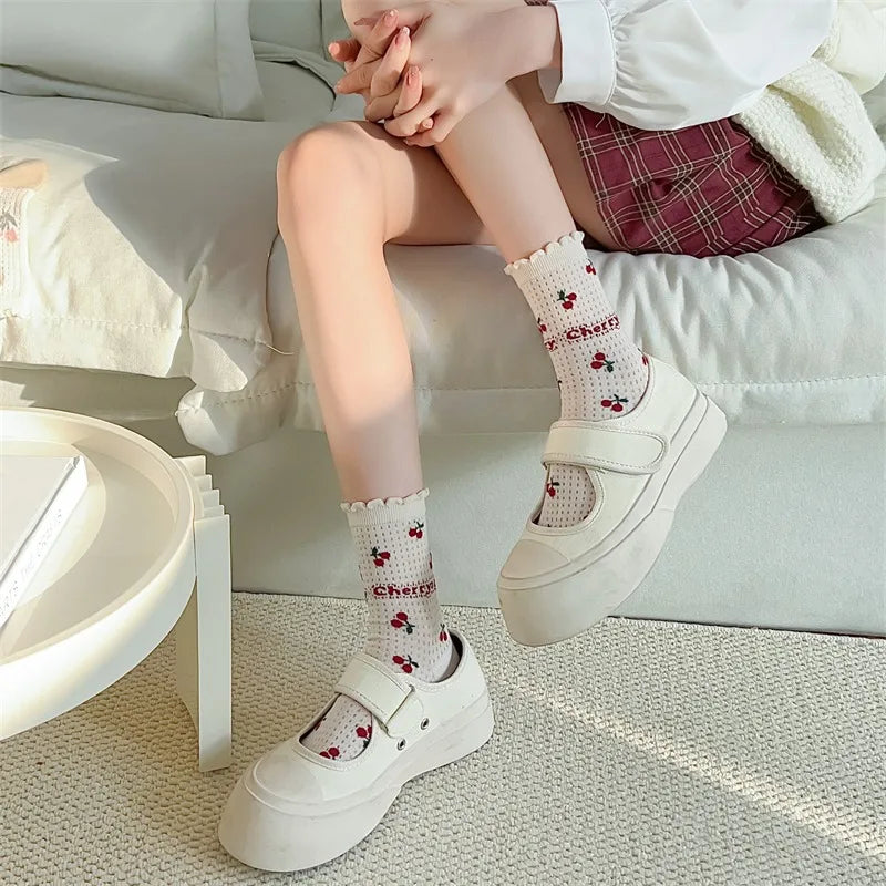 Lbsfy Summer Cherry Print Socks Female Thin Mesh Socks Students Girls Cute Kawaii Harajuku Socks For Girls Gift Streetwear Ruffle Soks