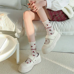 Lbsfy Summer Cherry Print Socks Female Thin Mesh Socks Students Girls Cute Kawaii Harajuku Socks For Girls Gift Streetwear Ruffle Soks