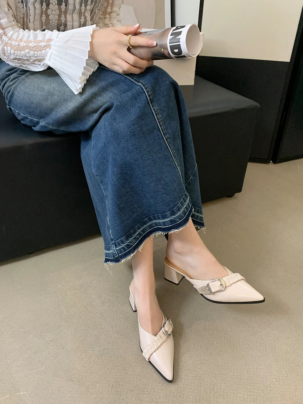 LBSFY  - Pointed Toe Women Slides Mules Shoes Thick High Heels Summer Outside Party Pumps Belt Buckle Shallow Slip On Party Pumps 35-39