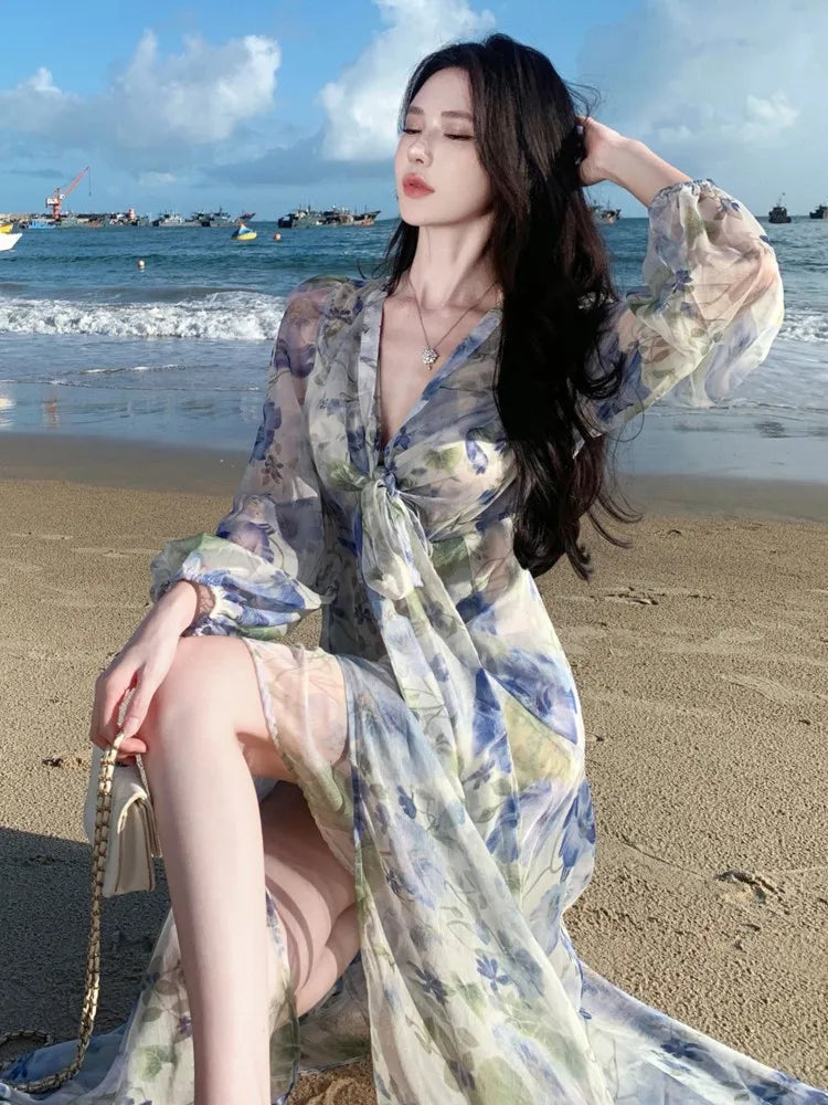 LBSFY -French Chiffon Print Dresses For Woman Summer V-Neck Slim Waist Elegant Long Dress Fashion Split Holiday Basics 2025 New Vestido