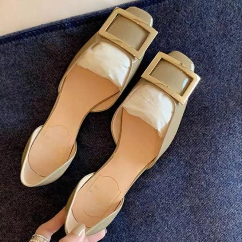 LBSFY -New Women Sandals Metal Square Buckle Leather Thick Heel Square Toe Sandal Spring Casual Low Heel Back Strap Fashion Sandals