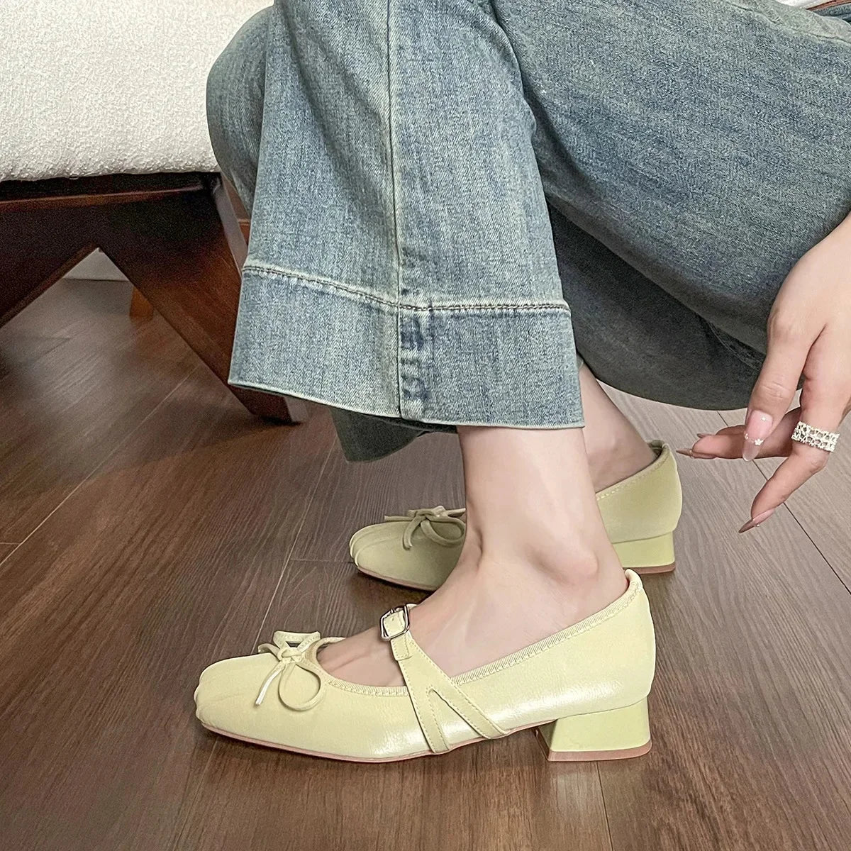 LBSFY -French Style Mary Jane Shoes Women's Evening Wind Butterfly Knot One Strap Ballet Flat Mid Heel Leather Casual Shoes