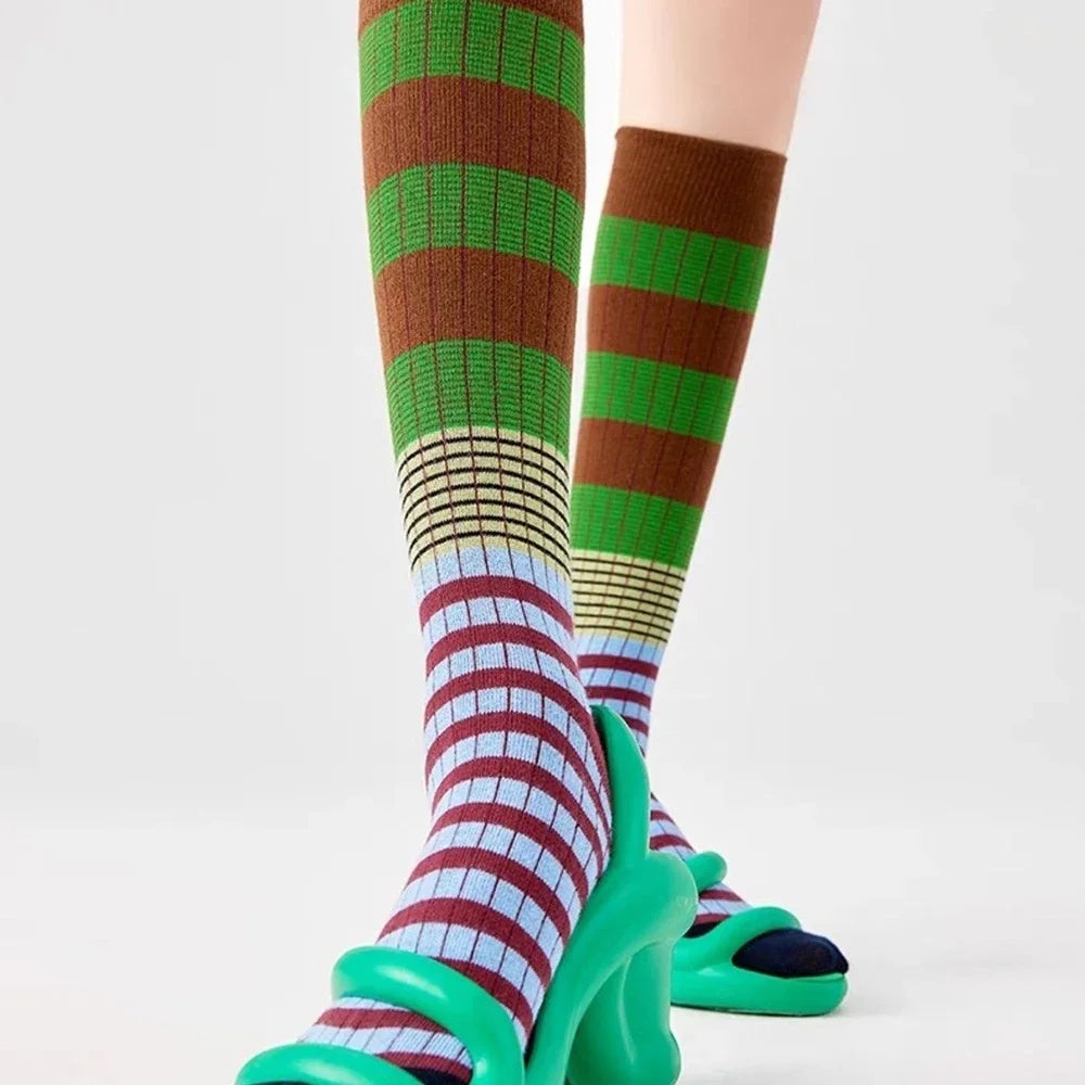 Lbsfy Gradient Striped Autumn Winter Long Socks Woman Colorful Retro Calf Socks Cotton High Tube Stockings Girls Casual Pile Socks
