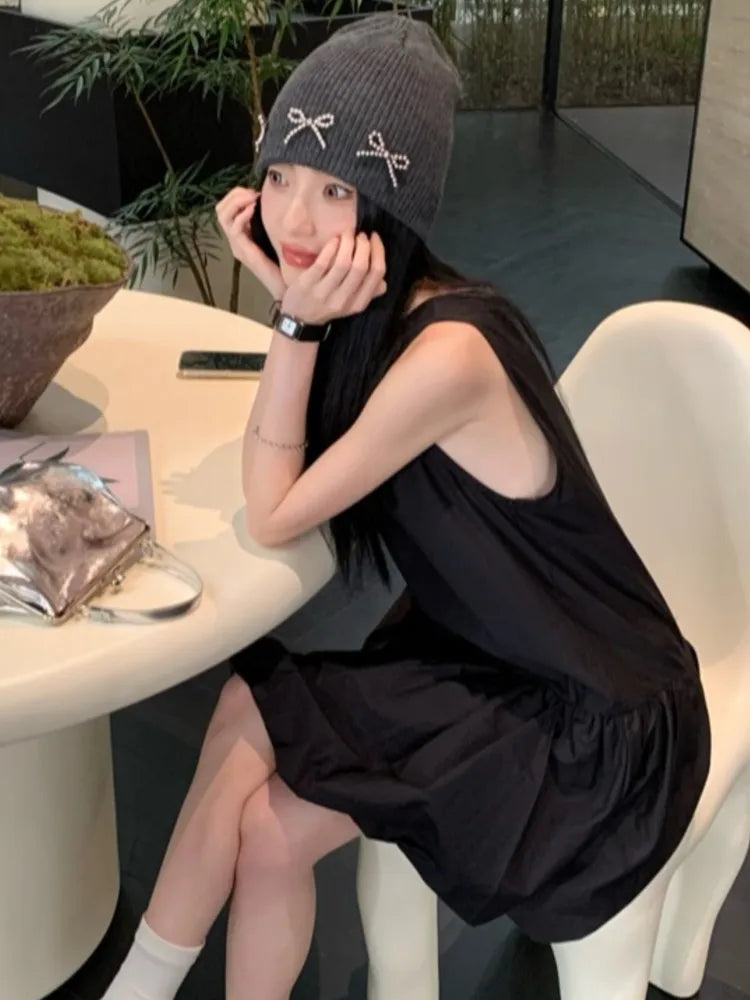 LBSFY -Summer Elegant Korean Solid Short Women's Dress Sweet Sleeveless O-Neck Loose-Fit Casual Office Lady Ball Gown Mini Skirt 2025