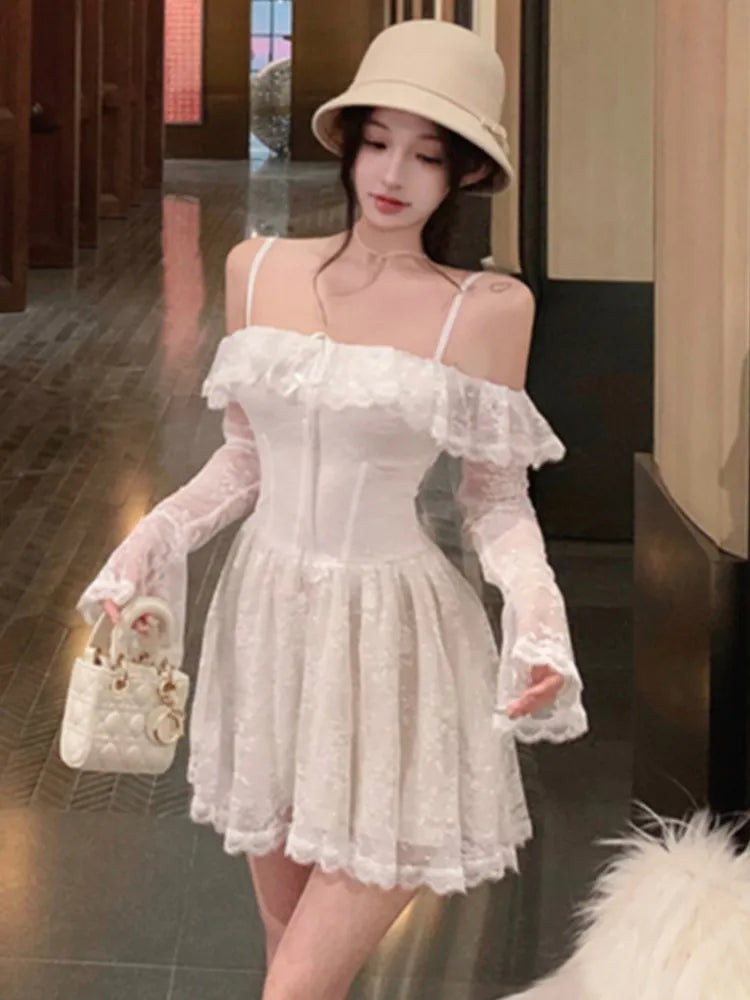LBSFY -Sexy Lace Mini Dress for Women Sweet Slash Neck Spaghetti Strap Flare Long Sleeves Ruffle Slim Party Dresses Female Clothing New