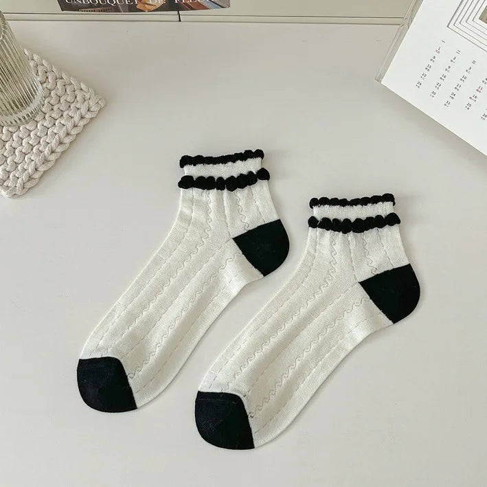 Lbsfy Women's Ankle Socks Spring Summer Black White Fashion Cute Kawaii Lolita Thin Cotton Mesh Breathable Low Tube Socks Calcetines