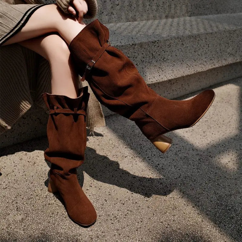LBSFY  -  Ins Hot Cow Suede Leather Knee High Boots Round Toe Slip On High Heels Buckle Black Brown Women Boots Fashion Shoes