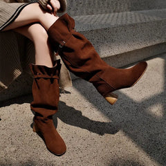 LBSFY  -  Ins Hot Cow Suede Leather Knee High Boots Round Toe Slip On High Heels Buckle Black Brown Women Boots Fashion Shoes
