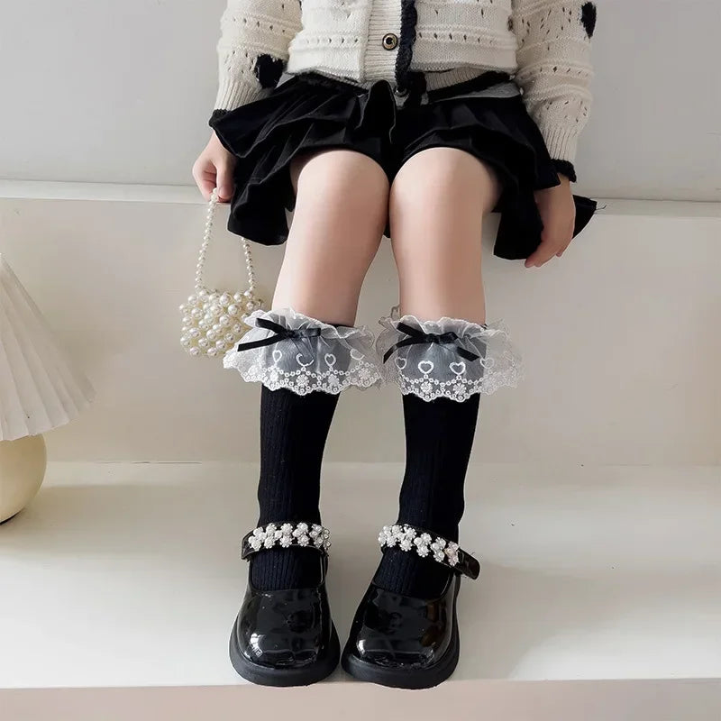 Lbsfy Autumn Girl Lolita Sweet Lace Bowknot Socks Classic Long Children Lacework Socks Vintage Soft Cute Fashion Elasticity Stockings
