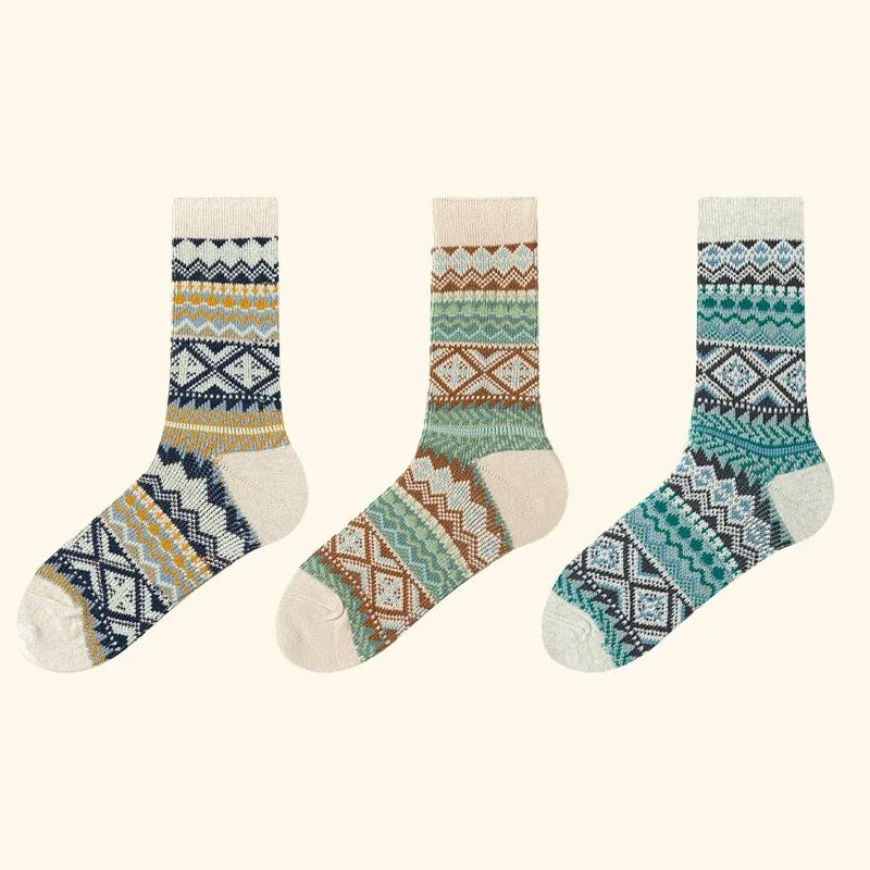 Lbsfy 3 Pairs Men's Retro Socks Ethnic Style Geometric Stripes Cotton Crew Socks Male Breathable and Sweat-absorbing Winter Warm Sock