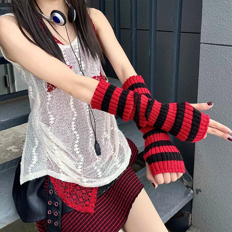 Lbsfy Lolita Long Socks Women's Leg Warmers Red Black Strip Arm Warmer Keep Sleeve Autumn Winter Crochet Socks Boot Cuffs Accessories