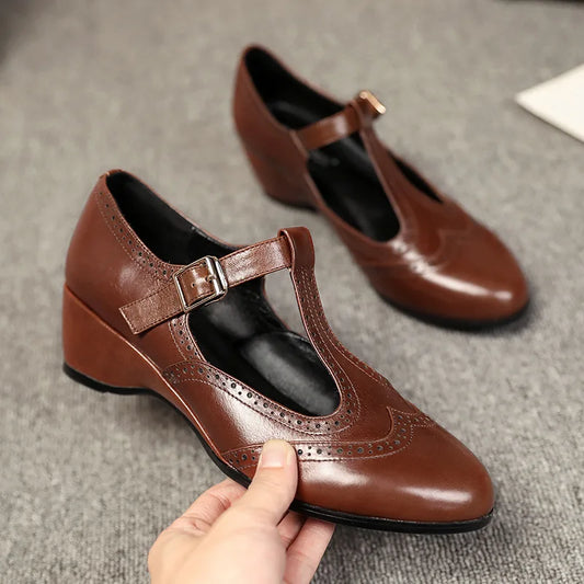LBSFY  -  PU Leather Wedges Shoes for Women 2024High Heels Pointed Toe Elegant Female Shoes T Strap Casual Ladies Shoes on Offer New