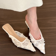 LBSFY - Summer Women's Fashion High Heel Mules Slippers Elegant Cover Toe Dress Lace Slides Ladies Dancing Party Prom Shoes