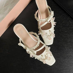 LBSFY  -  2024 Pearl Pink Ballet High Heels Pointed 5cm Slim Heel Skirt Outdoor Banquet Slippers 34-40 Bow Summer Birthday Party Sandals