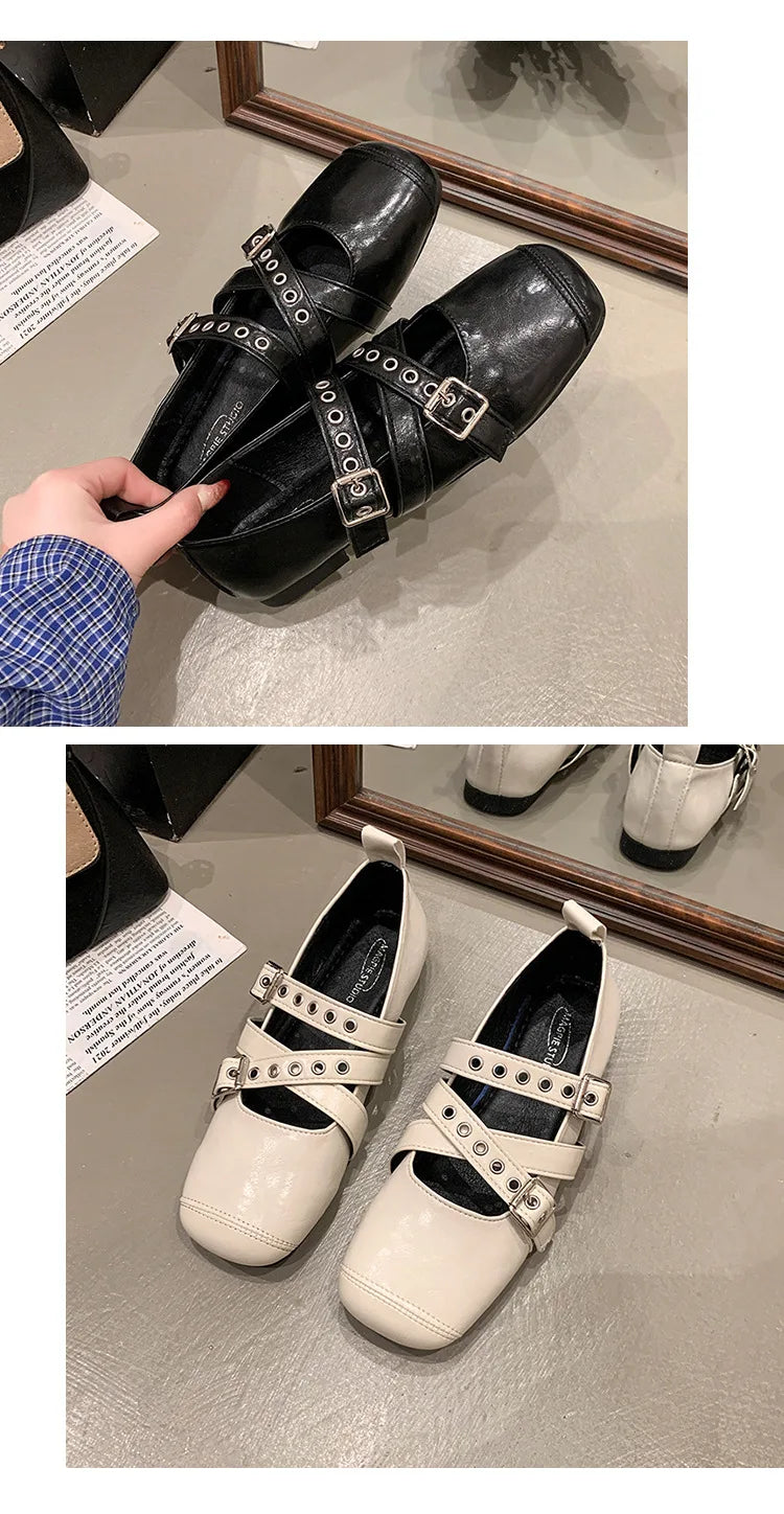 LBSFY -Designer Spring Women Mary Jane Shoes Fashion Square Toe Ladies Comfort Soft Sole Flats Women's Belt buckle Ballerinas Shoes