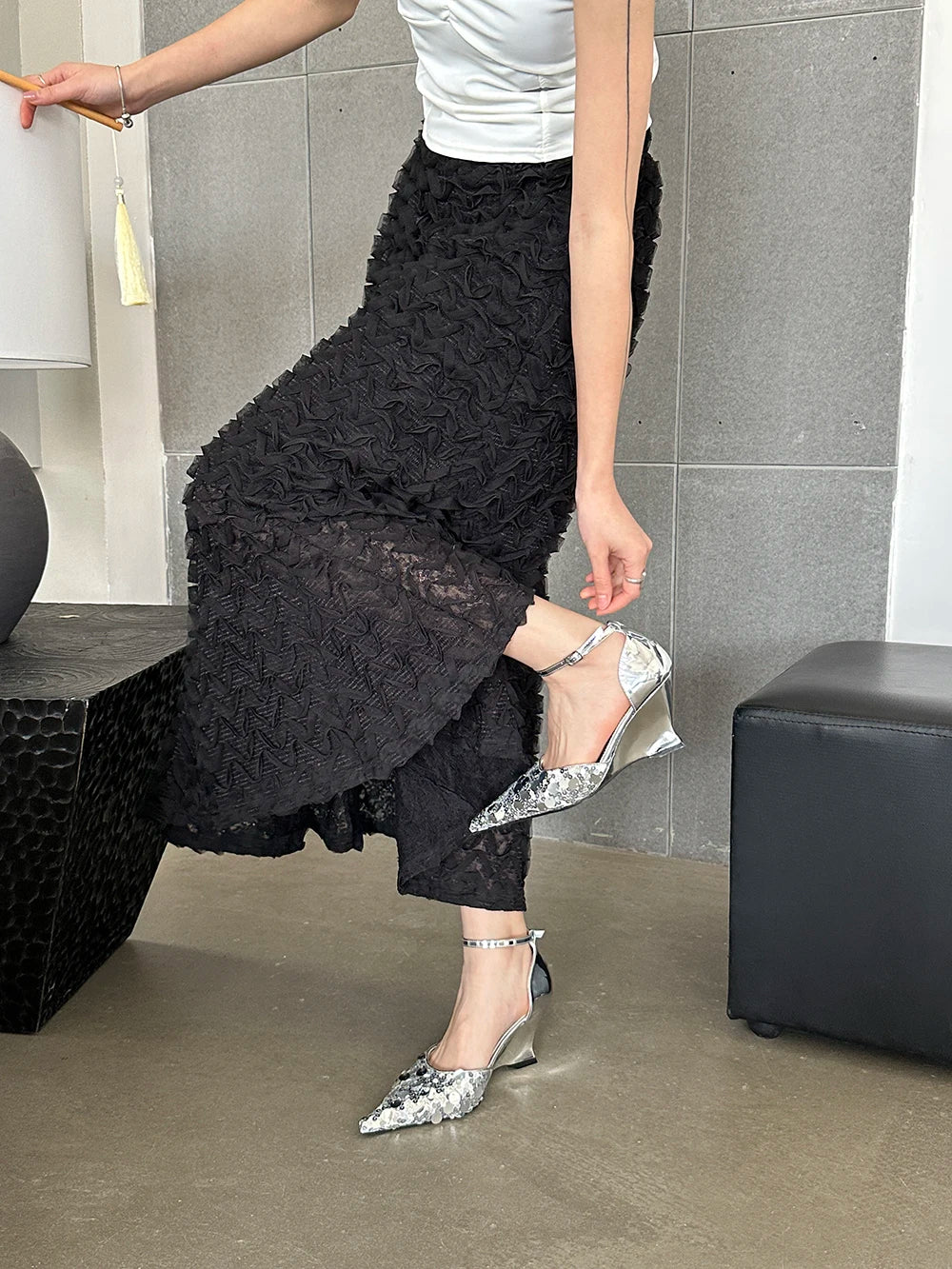 LBSFY  - Shining Women Sandals Sequined Cloth Fashion Dress Shoes Wedge High Heels Ankle Strap Summer Party Pumps Black Gold Silver 35-39