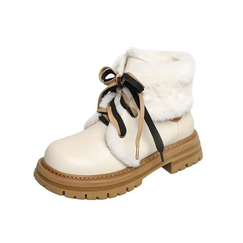 LBSFY  -   Genuine Leather Snow Boots Women Lace Up Solid Color Thick Fur Warm Winter Boots Ladies Fashion Ankle Boots Shoes