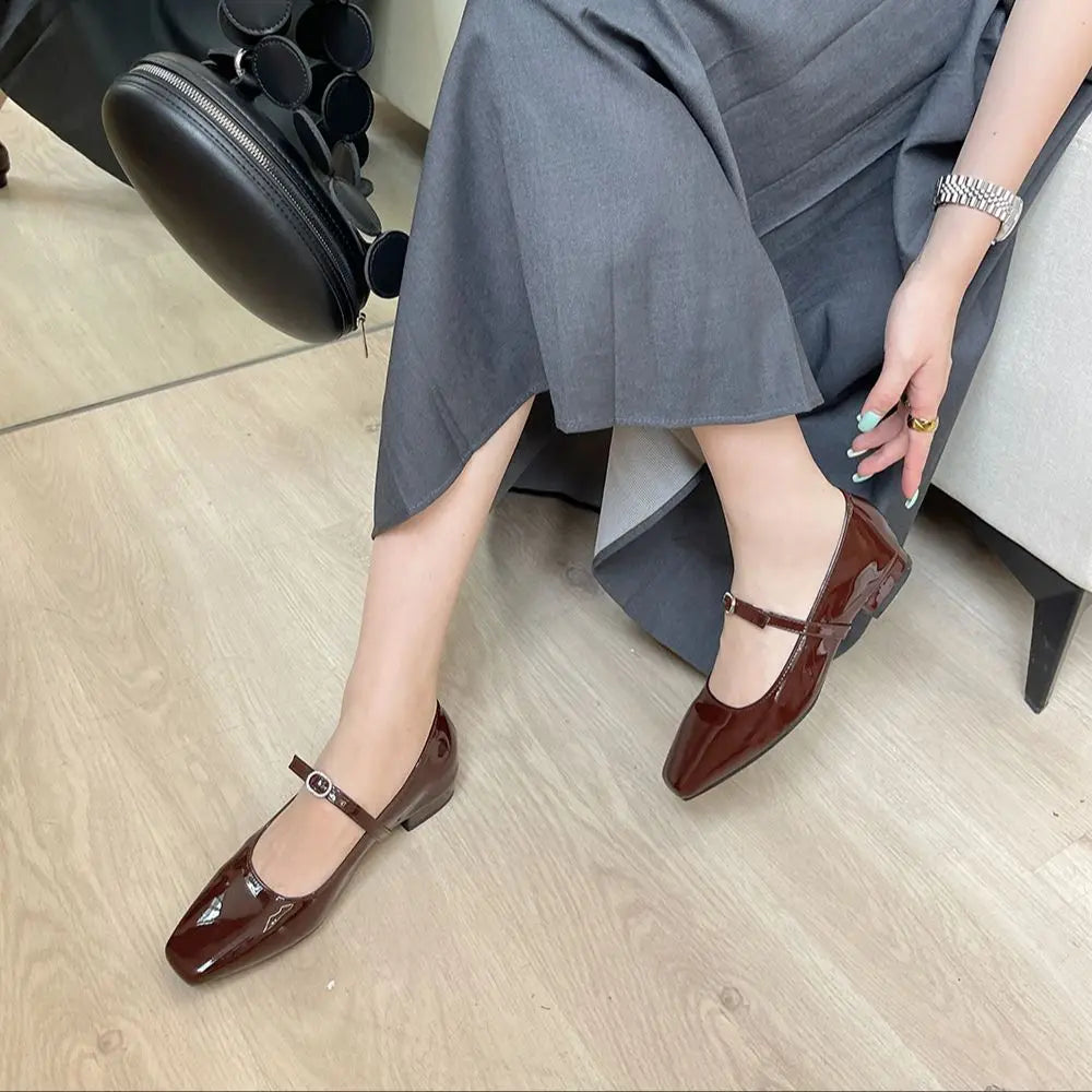 LBSFY  -  Round Toe Women Flats Loafers Black Brown Silver Belt Buckle 2024 New Arrivals Low Heels Dress Shoes Patent Leather Size 35-39