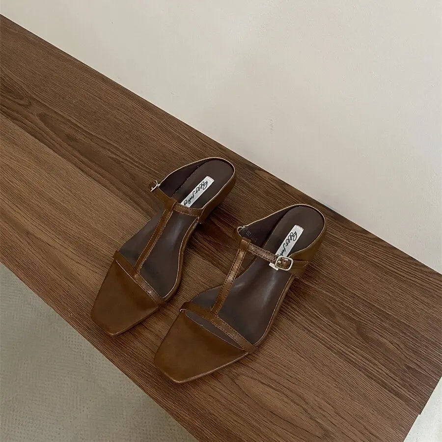LBSFY -  Brand Summer Women Slipper Square Heels Sandals Square Toe Party Wedding Shoes Slip On Beach Slides Mujer