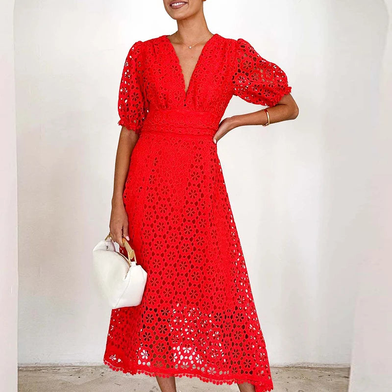 LBSFY  -  Women Elegant Puff Sleeve Solid Color Party Dress Fashion Hight Waist Slim Long Dress Sexy V-neck Lace Hollow Out Evening Dress