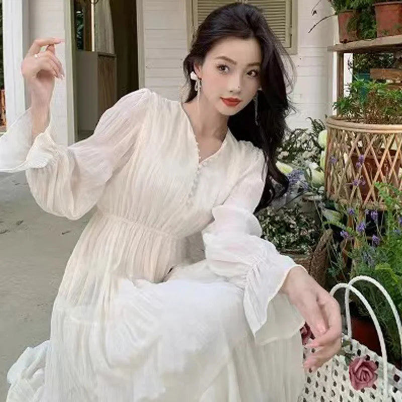LBSFY -Elegant Princess Evening Dress for Women High Waist A-line V-Neck Autumn French Casual Prom Robe One Piece Vestidos Mujer New